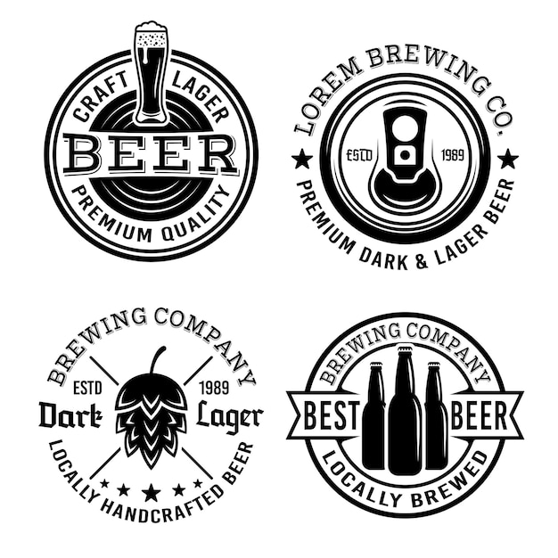 Société De Bière Et De Brasserie Ensemble De Quatre Emblèmes Vectoriels étiquettes Badges Ou Logos Isolés Sur Fond Blanc