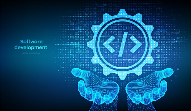 Software development icon made with binary code in wireframe hands Devops Agile development optimization Software development practices methodology Digital code background with digits 1 0 Vector