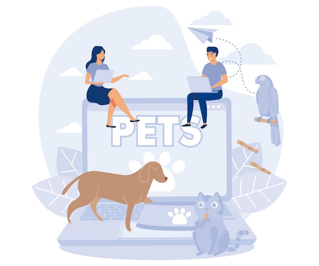 Soins Des Animaux De Compagnie Animalerie Tiny People And Pets Concept Illustration Moderne De Vecteur Plat