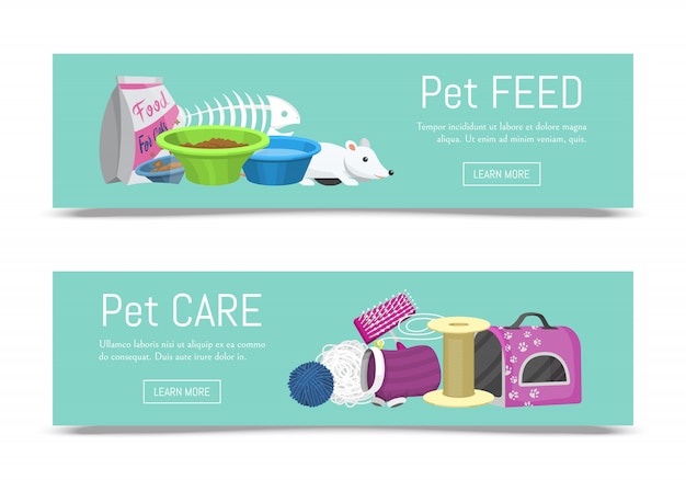 Soins Des Animaux Domestiques Illustration Vectorielle De Bannière Web. Informations Sur L'alimentation Des Animaux Et Des Chats. Accessoires De Chat Pour La Nourriture, Les Jouets Et Le Matériel De Transport, De Toilette Et De Toilettage.