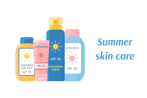 Soins de la peau d'été Ensemble vectoriel de produits de protection solaire Tube de protection solaire vaporisateur et bouteille Crème et lotion de protection UV Concept de bronzage sûr Illustration plate