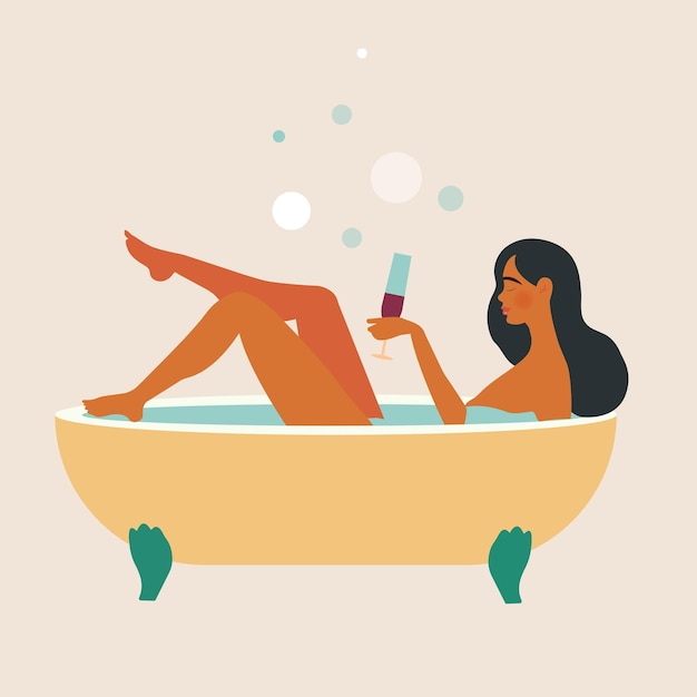 Soins de la peau, plaisir, détente à la maison. Personnage de dessin animé jeune jolie femme prenant un bain