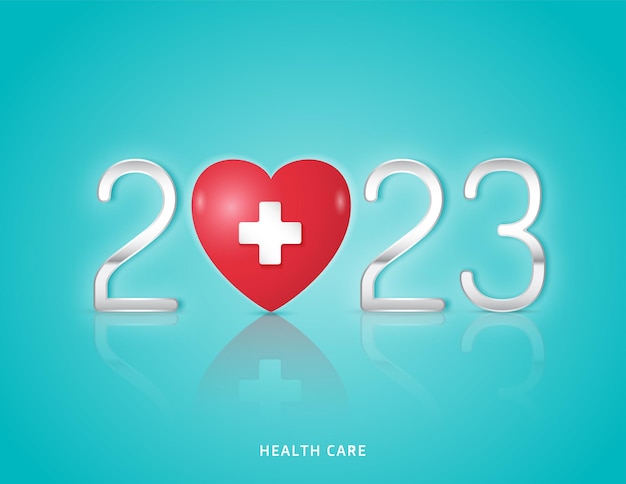 Vecteur soins de santé et concept médical contrôle du cœur et du symbole de santé pour une nouvelle année heureuse et saine 2023