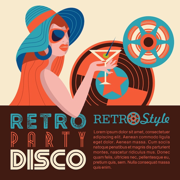 Soirée Disco Rétro. Illustration Vectorielle Coloré, Affiche. Belle Fille En Lunettes De Soleil Et Disque Vinyle.