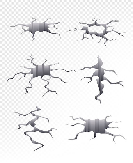 Vecteur sol fissuré. catastrophe endommagée terre sèche collection de trous de fissure 3d réaliste
