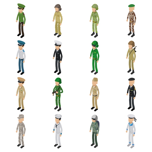 Soldat Character Icons Set. Illustration Isométrique De 16 Icônes Vectorielles De Caractère Soldat Pour Le Web