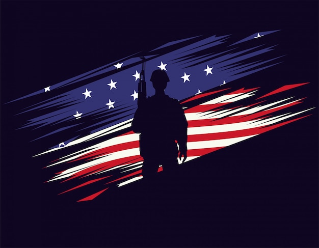 Soldat Avec Silhouette De Fusil En Drapeau Usa