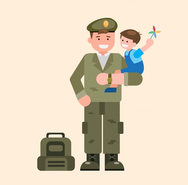 Soldat Transportant Des Enfants, Soldat Rentrant Du Devoir Illustration