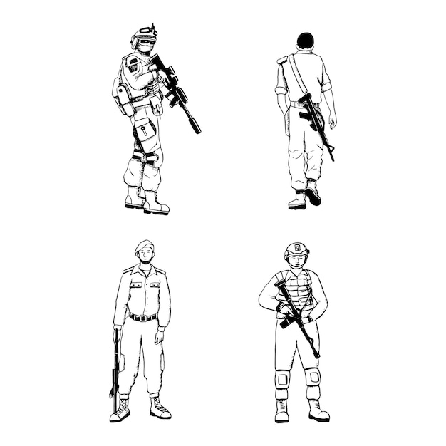 Des Soldats De L'armée Moderne En Uniforme Avec Un Fusil D'assaut Dans Différentes Poses G Jeu D'illustrations Vectorielles