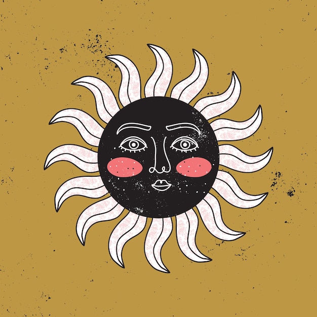 Soleil antique avec visage dans un style moderne stylisé sur fond d'or. Ancien symbole sacré et mystique dans une ligne artistique continue. Emblème héraldique vintage. Illustration dessinée à la main contemporaine