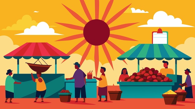 Vecteur le soleil brille sur un marché en plein air animé alors que les vendeurs vendent des sacs de haricots rouges pour le
