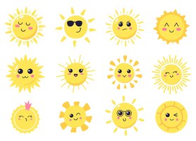Soleil de dessin animé heureux. dessinés à la main mignons soleils souriants, personnages heureux ensoleillés, ensemble de symboles d'illustration soleil brillant. soleil et lumière du soleil, soleil sourire mignon, été lumineux