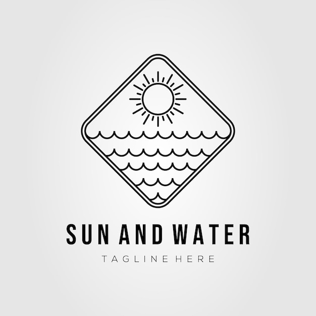 Soleil, Eau Vague Ligne Art Logo Vector Illustration Design