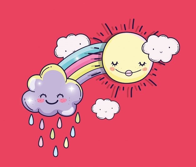 Soleil Heureux Avec Arc-en-ciel Et Nuages ​​mignons