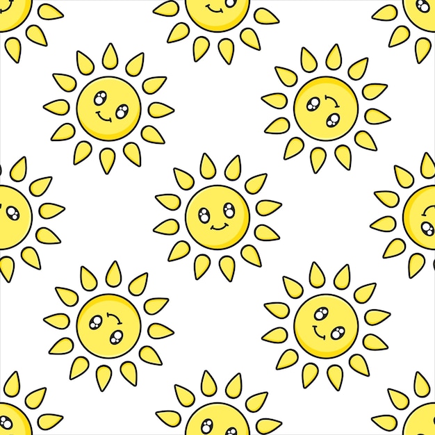 Soleil kawaii jaune avec visage souriant et contour noir Modèle sans couture vectoriel