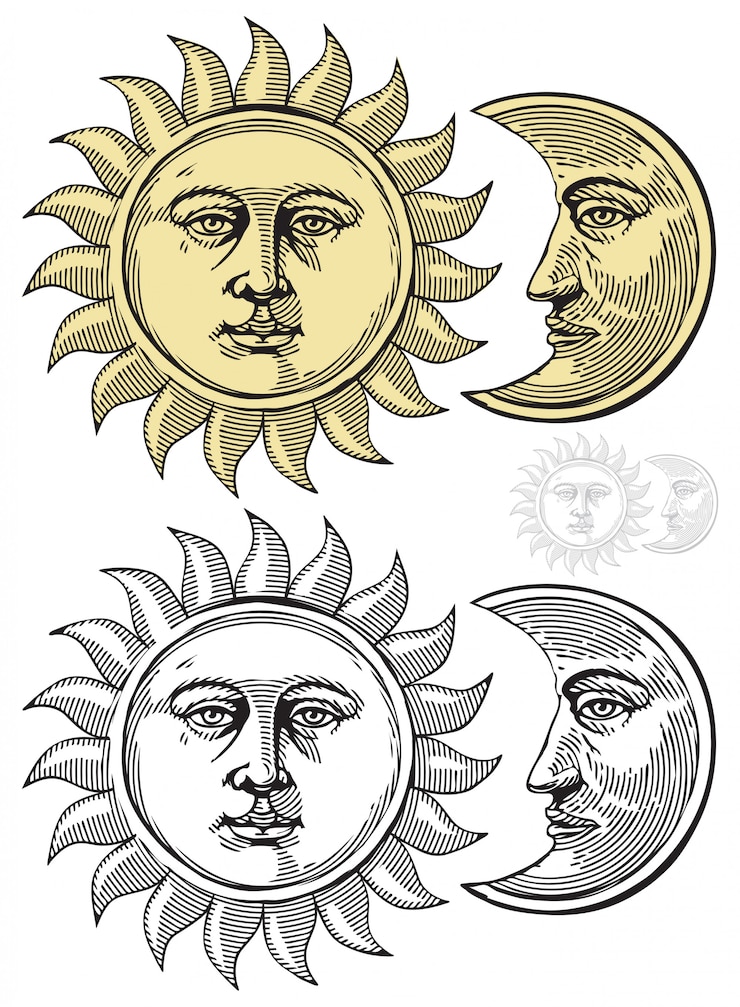 Vecteur soleil et lune avec des visages