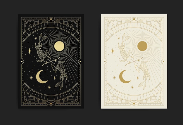 Soleil et lune yin yang avec poisson mythologique au milieu