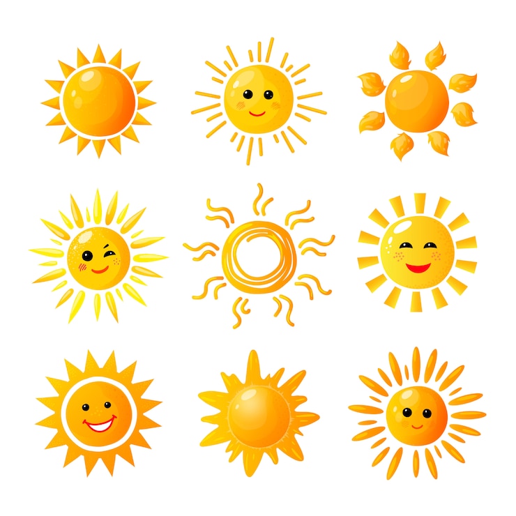 Vecteur soleil mignon. soleil dessiné à la main. lever du soleil du matin d'été. icônes de joie de réchauffement de doodle