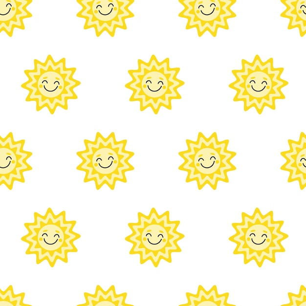 Soleil Modèle sans couture avec soleil souriant Fond d'été ou de printemps Dessin animé plat Illustration vectorielle isolée eps 10