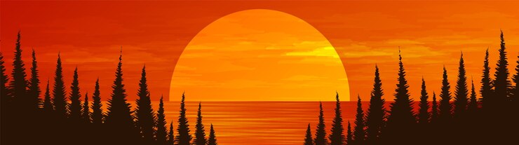Vecteur soleil panoramique avec rivière sur forêt de pins, fond de paysage.