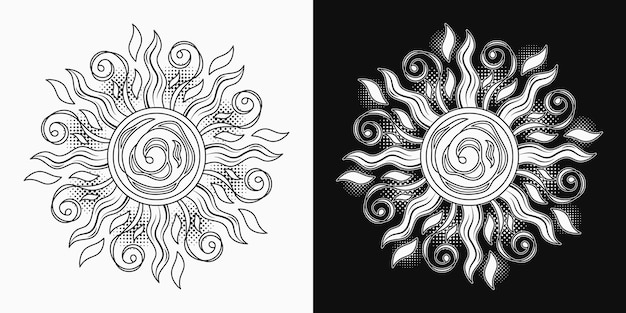 Soleil avec spirales tourbillonne formes demi-teintes Concept d'harmonie et d'équilibre Illustration monochrome
