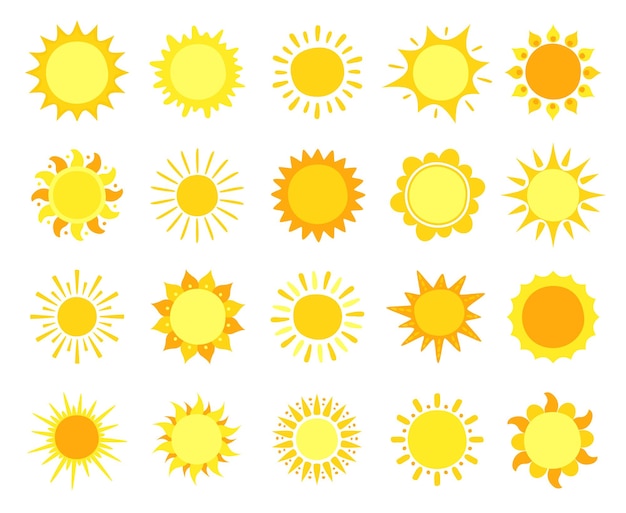 Soleil, symboles d'été chaud et de lever de soleil, cercles de soleil, temps solaire et ensoleillé
