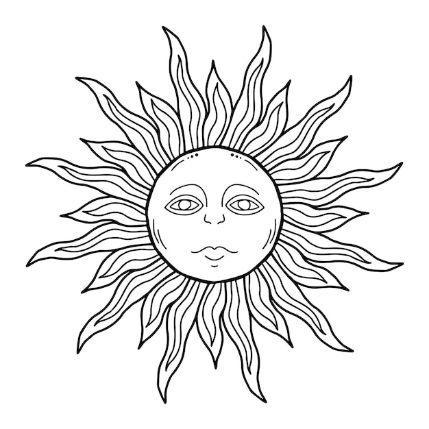 Soleil Avec Visage Dessiné à La Main Dans Un Symbole De Contour à L'encre Noire Pour Le Signe Astrologique De Shrovetide Ou Maslenitsa