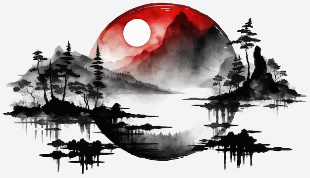 Soleil WebRed sur les arbres de la forêt brumeuse verte dans le style japonais minimaliste oriental traditionnel Illustration vectorielle