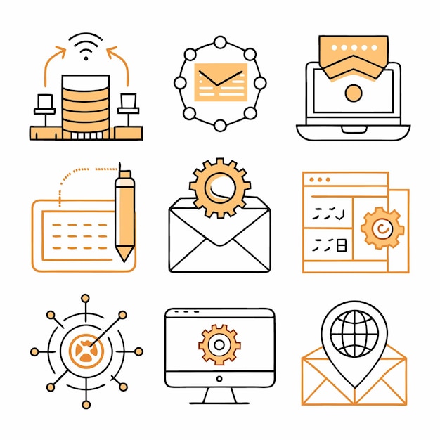 Solutions informatiques complètes icônes informatique en nuage analyse des données et cybersécurité