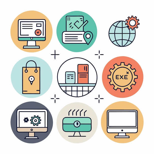 Solutions informatiques complètes icônes informatique en nuage analyse des données et cybersécurité