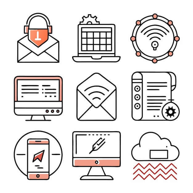 Solutions informatiques complètes icônes informatique en nuage analyse des données et cybersécurité