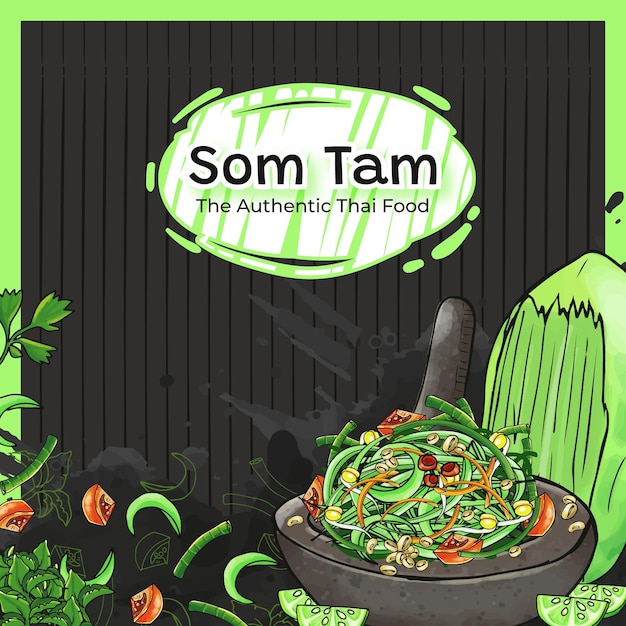 Som Tam Dessiné à La Main Le Fond De La Cuisine Thaïlandaise Authentique