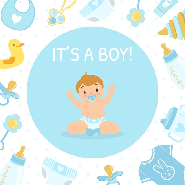Son garçon bébé douche invitation bannière modèle carte bleu clair avec mignon petit garçon et nouveau-né bébé symboles modèle homogène illustration vectorielle conception Web