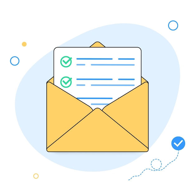 Sondage vote e-mail liste de contrôle icône vecteur ou lettre de courrier avec sélection de formulaire d'examen de tâche en ligne concept d'illustration de dessin animé plat d'enveloppe numérique avec questionnaire questionnaire document avec coches