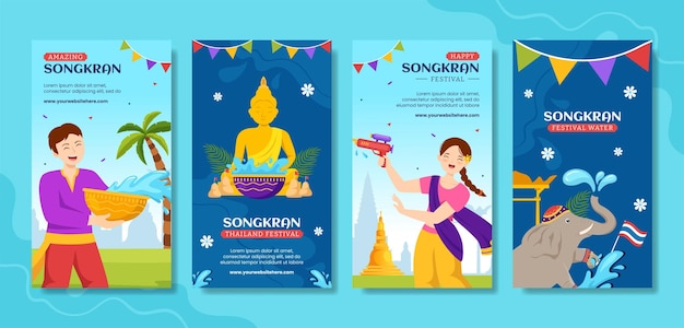 Songkran Festival Day Histoires De Médias Sociaux Dessin Animé Illustration De Fond De Modèles Dessinés à La Main