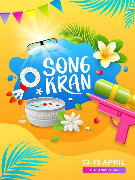 Songkran thailand festival gun water et thai flower poster design sur fond jaune abstrait