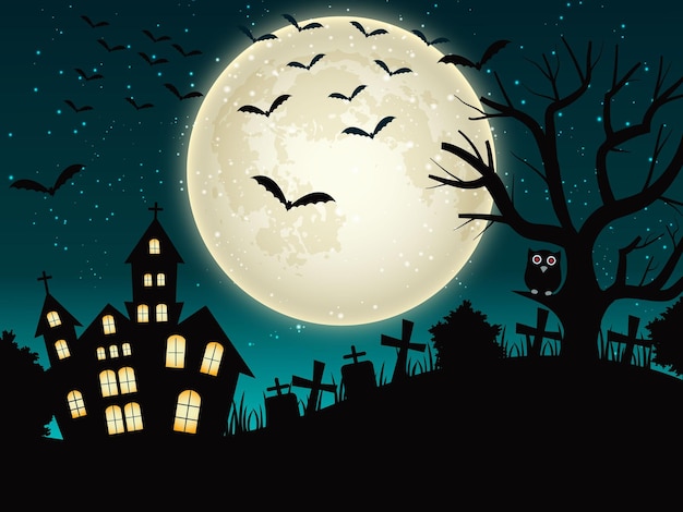 Sorcière, arbres, tombe et maison hantée sur fond de nuit de pleine lune.