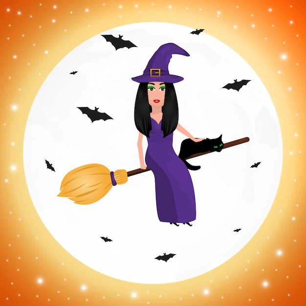 Vecteur sorcière avec un chat sur un balai pour halloween sur fond de lune avec citrouille de chauves-souris