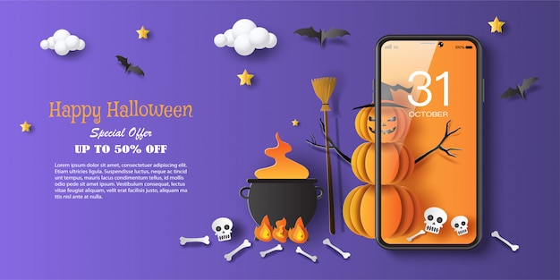 Vecteur sorcière citrouille avec chaudron d'halloween, marketing numérique sur site web et application mobile