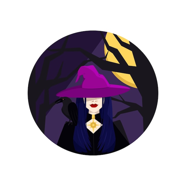 Vecteur sorcière avec un corbeau sur son épaule fête d'halloween des morts et des fantômes illustration vectorielle