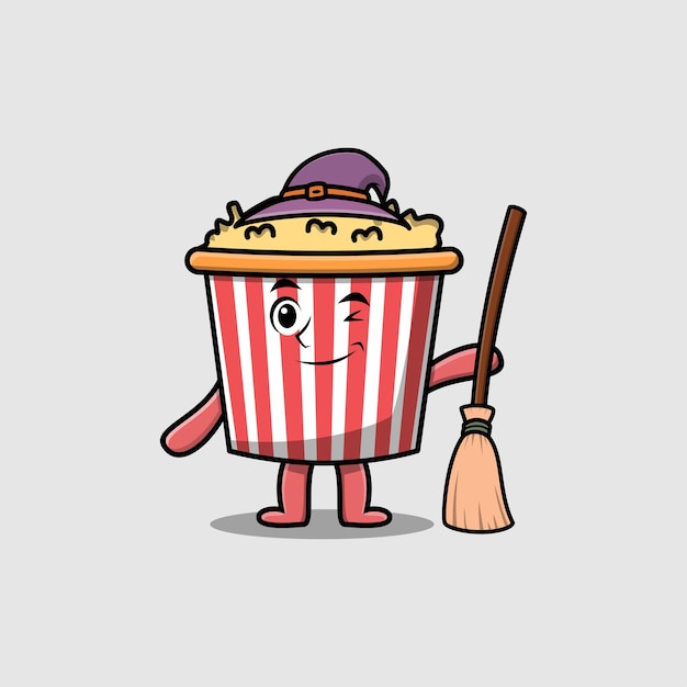 Sorcière De Dessin Animé Mignon En Forme De Personnage De Pop-corn Avec Illustration De Style Mignon Chapeau Et Balai