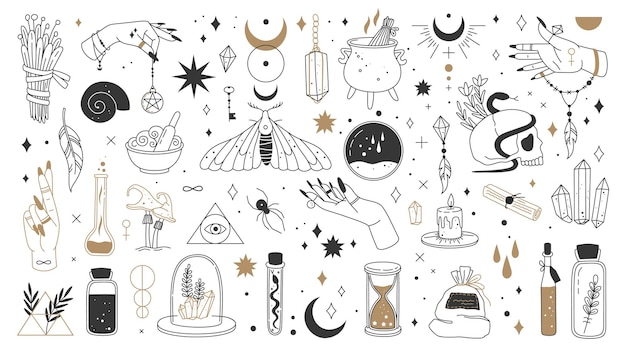 Sorcière éléments magiques mystique boho sorcellerie logo alchimie occulte tarot carte symboles ésotériques magiques