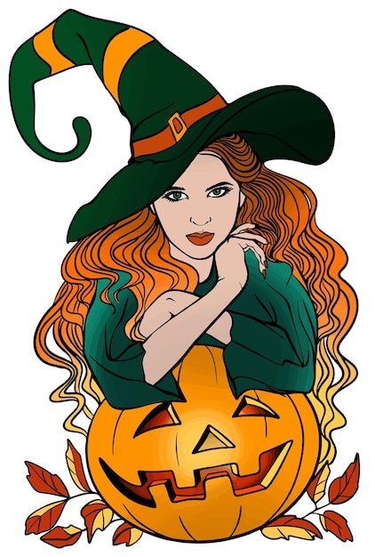 Sorcière D'halloween Avec Illustration Vectorielle Citrouille Colorée