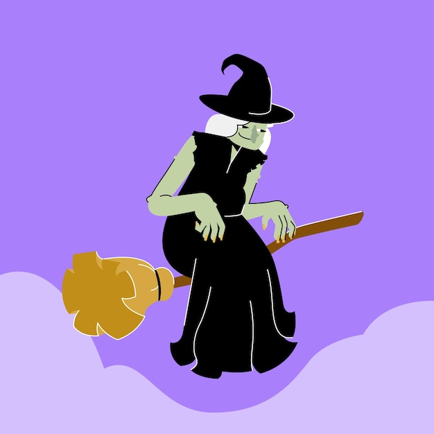 Sorcière d'Halloween volant avec son balai magique
