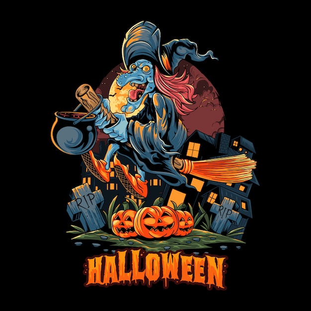 Vecteur la sorcière d'halloween vole avec un balai sur le tas de citrouilles d'halloween et porte un pot plein de poison. illustration de calques modifiables