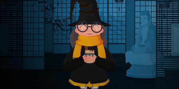 Sorcière mignonne avec du vin chaud Une fille dans un costume noir et un chapeau tient une tasse avec une boisson chaude Concept d'Halloween