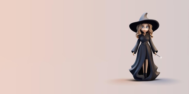 Sorcière Sorcière 3d En Vêtements Noirs élégants Et Chapeau Avec Baguette Magique à La Main Personnage Pour Enfants Célébrations Marque De Produit Vector