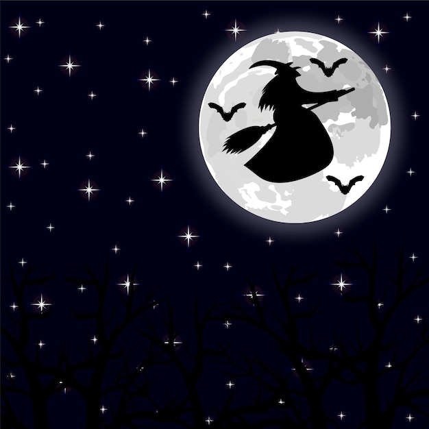 Vecteur sorcière volant sur un balai à la pleine lune dans la forêt