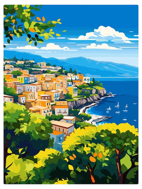 Vecteur sorrento italie affiche de voyage vintage souvenir carte postale peinture de portrait illustration wpa