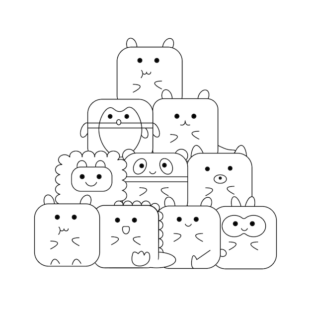 Sortes D'animaux Mignons Colorés Avec Un Style Doodle. Dessin Au Trait Blanc Noir